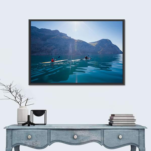 People Kayaking In The Sea Near The Mountains Canvas Wall Art-1 Piece-Floating Frame-24" x 16"-Tiaracle