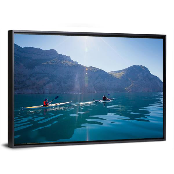 People Kayaking In The Sea Near The Mountains Canvas Wall Art-3 Horizontal-Gallery Wrap-25" x 16"-Tiaracle