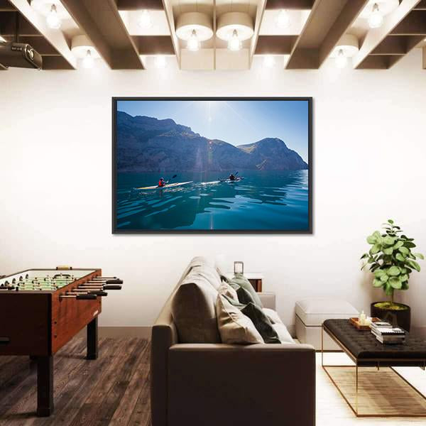 People Kayaking In The Sea Near The Mountains Canvas Wall Art-3 Horizontal-Gallery Wrap-25" x 16"-Tiaracle