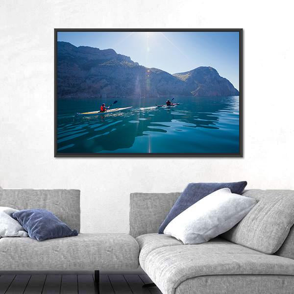 People Kayaking In The Sea Near The Mountains Canvas Wall Art-3 Horizontal-Gallery Wrap-25" x 16"-Tiaracle