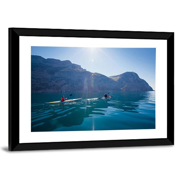 People Kayaking In The Sea Near The Mountains Canvas Wall Art-3 Horizontal-Gallery Wrap-25" x 16"-Tiaracle