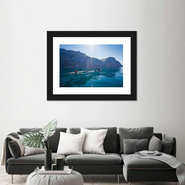 People Kayaking In The Sea Near The Mountains Canvas Wall Art-3 Horizontal-Gallery Wrap-25" x 16"-Tiaracle