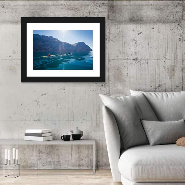 People Kayaking In The Sea Near The Mountains Canvas Wall Art-3 Horizontal-Gallery Wrap-25" x 16"-Tiaracle