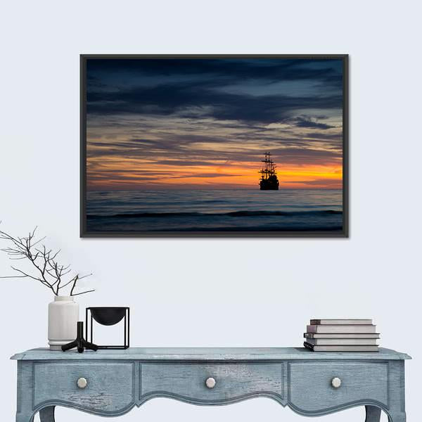 Pirate Ship At Sunset Canvas Wall Art-1 Piece-Floating Frame-24" x 16"-Tiaracle