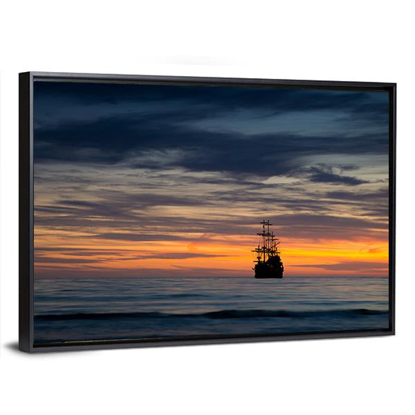 Pirate Ship At Sunset Canvas Wall Art-3 Horizontal-Gallery Wrap-25" x 16"-Tiaracle