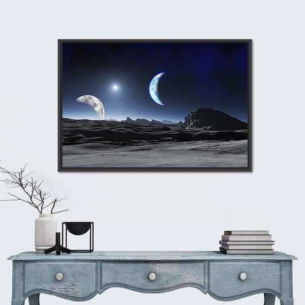 Planet With Two Moons Canvas Wall Art-1 Piece-Floating Frame-24" x 16"-Tiaracle