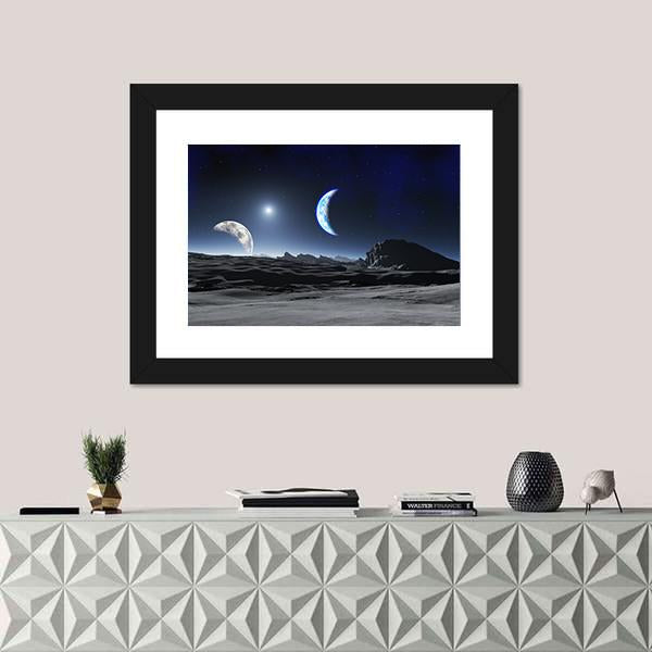 Planet With Two Moons Canvas Wall Art-1 Piece-Framed Print-20" x 16"-Tiaracle