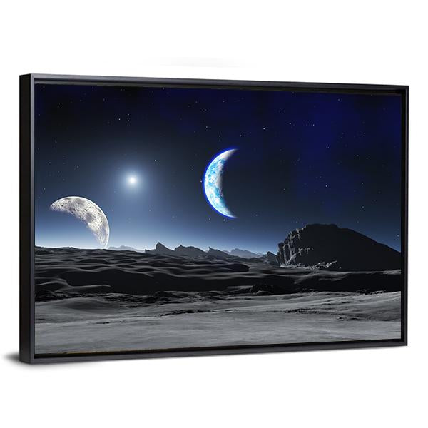 Planet With Two Moons Canvas Wall Art-3 Horizontal-Gallery Wrap-25" x 16"-Tiaracle