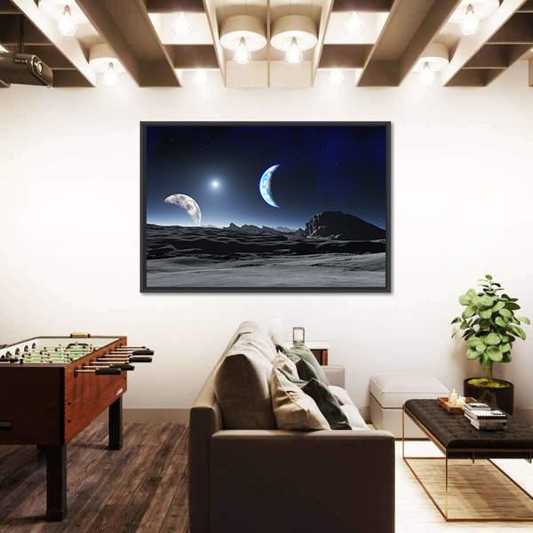 Planet With Two Moons Canvas Wall Art-3 Horizontal-Gallery Wrap-25" x 16"-Tiaracle