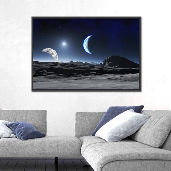 Planet With Two Moons Canvas Wall Art-3 Horizontal-Gallery Wrap-25" x 16"-Tiaracle