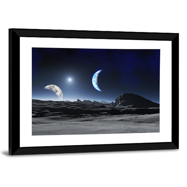 Planet With Two Moons Canvas Wall Art-3 Horizontal-Gallery Wrap-25" x 16"-Tiaracle