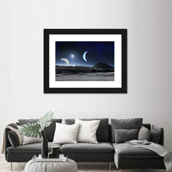 Planet With Two Moons Canvas Wall Art-3 Horizontal-Gallery Wrap-25" x 16"-Tiaracle