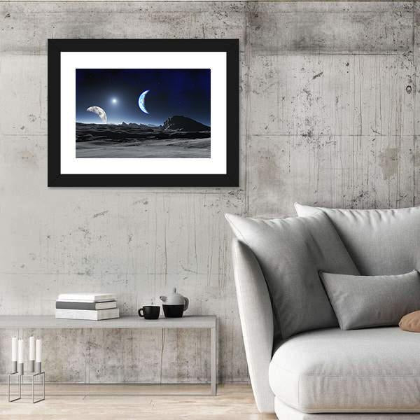 Planet With Two Moons Canvas Wall Art-3 Horizontal-Gallery Wrap-25" x 16"-Tiaracle