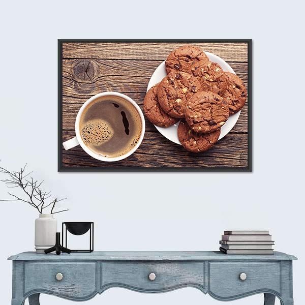 Plate With Chocolate Cookies And Cup Of Hot Coffee Canvas Wall Art-1 Piece-Floating Frame-24" x 16"-Tiaracle