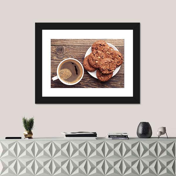 Plate With Chocolate Cookies And Cup Of Hot Coffee Canvas Wall Art-1 Piece-Framed Print-20" x 16"-Tiaracle