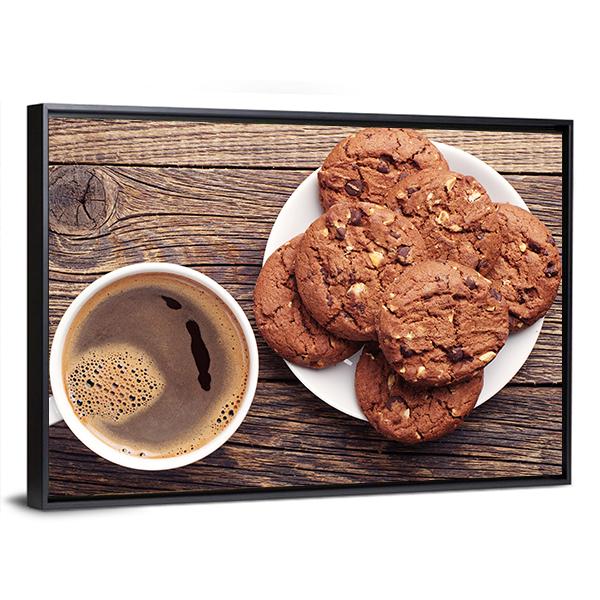 Plate With Chocolate Cookies And Cup Of Hot Coffee Canvas Wall Art-3 Horizontal-Gallery Wrap-25" x 16"-Tiaracle