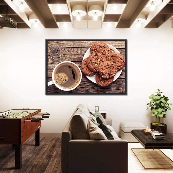 Plate With Chocolate Cookies And Cup Of Hot Coffee Canvas Wall Art-3 Horizontal-Gallery Wrap-25" x 16"-Tiaracle