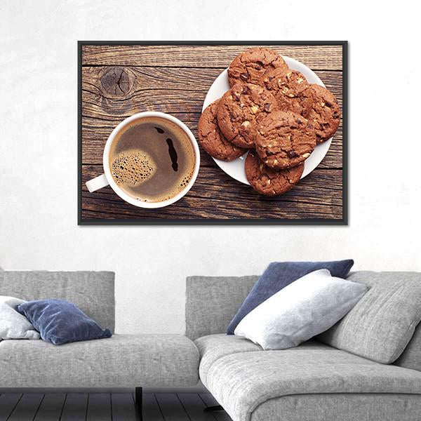 Plate With Chocolate Cookies And Cup Of Hot Coffee Canvas Wall Art-3 Horizontal-Gallery Wrap-25" x 16"-Tiaracle