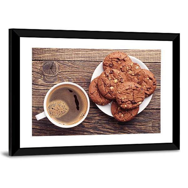 Plate With Chocolate Cookies And Cup Of Hot Coffee Canvas Wall Art-3 Horizontal-Gallery Wrap-25" x 16"-Tiaracle