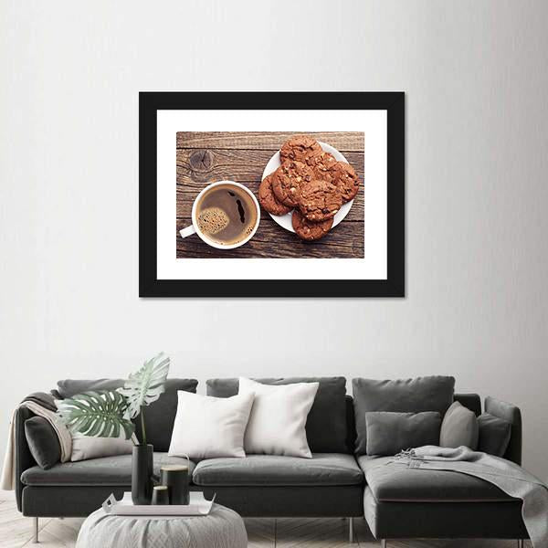 Plate With Chocolate Cookies And Cup Of Hot Coffee Canvas Wall Art-3 Horizontal-Gallery Wrap-25" x 16"-Tiaracle