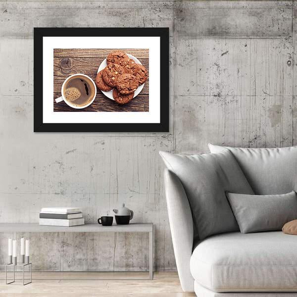 Plate With Chocolate Cookies And Cup Of Hot Coffee Canvas Wall Art-3 Horizontal-Gallery Wrap-25" x 16"-Tiaracle