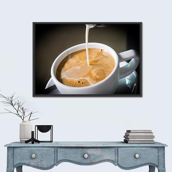 Pouring Cream Into A Cup Of Coffee Canvas Wall Art-1 Piece-Floating Frame-24" x 16"-Tiaracle