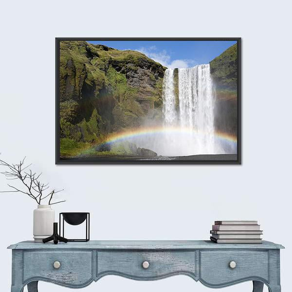 Rainbow At The Waterfall Skogafoss In Iceland Canvas Wall Art-1 Piece-Floating Frame-24" x 16"-Tiaracle