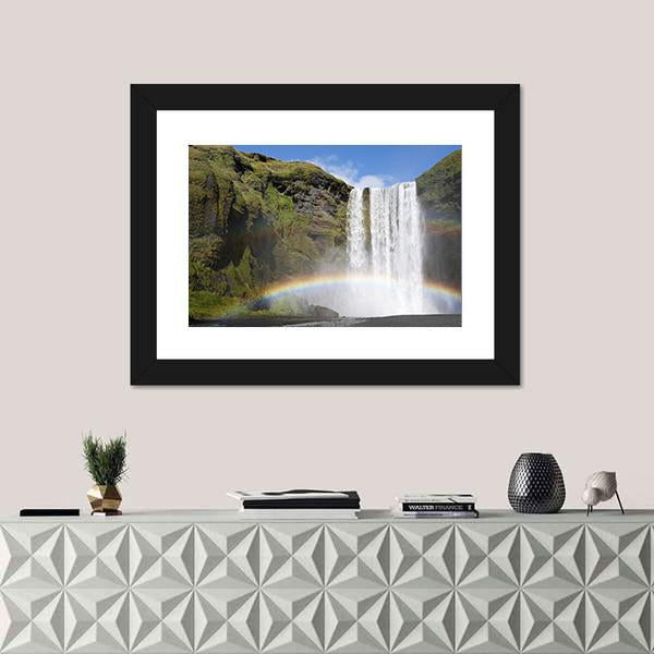 Rainbow At The Waterfall Skogafoss In Iceland Canvas Wall Art-1 Piece-Framed Print-20" x 16"-Tiaracle