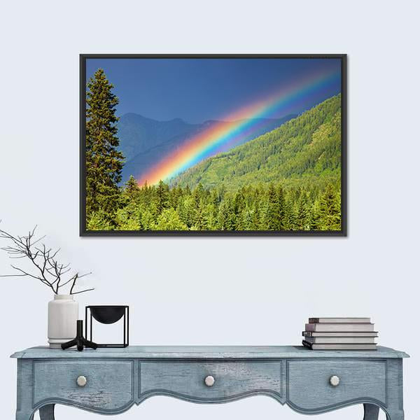 Rainbow Over Forest At Sunset Canvas Wall Art-1 Piece-Floating Frame-24" x 16"-Tiaracle