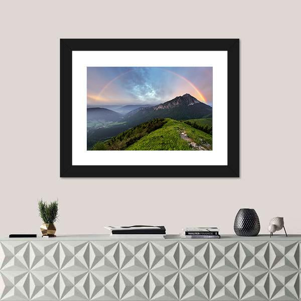 Rainbow Over Mountain Peak Canvas Wall Art-1 Piece-Framed Print-20" x 16"-Tiaracle