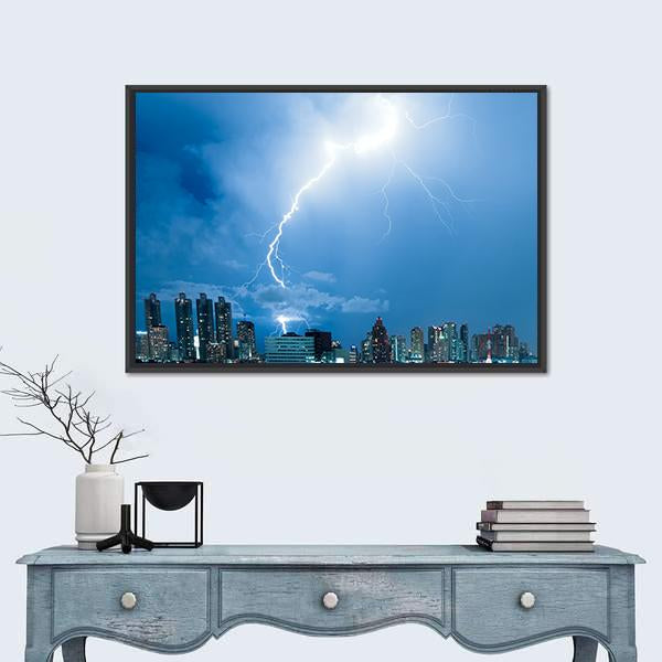 Real Lightning Bolt Strike In A City Canvas Wall Art-1 Piece-Floating Frame-24" x 16"-Tiaracle