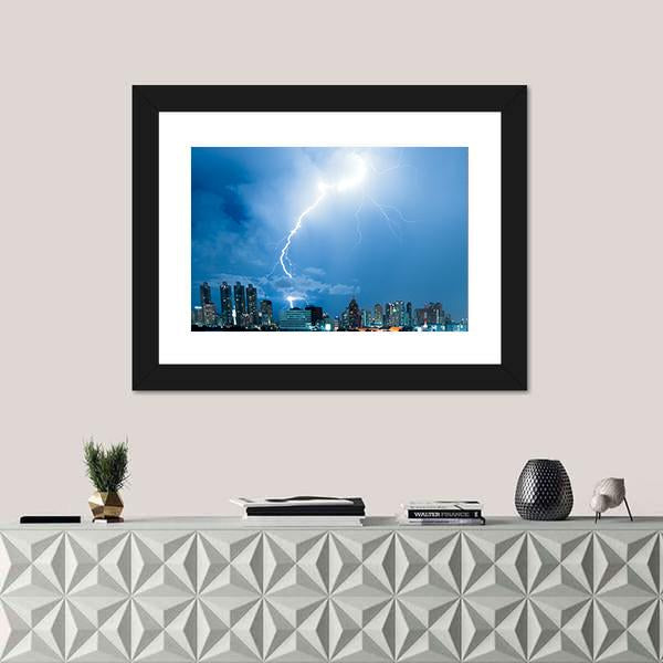 Real Lightning Bolt Strike In A City Canvas Wall Art-1 Piece-Framed Print-20" x 16"-Tiaracle