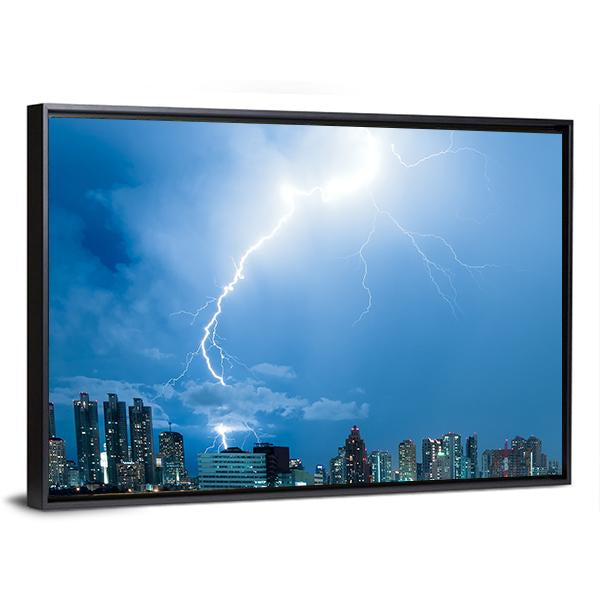 Real Lightning Bolt Strike In A City Canvas Wall Art-3 Horizontal-Gallery Wrap-25" x 16"-Tiaracle