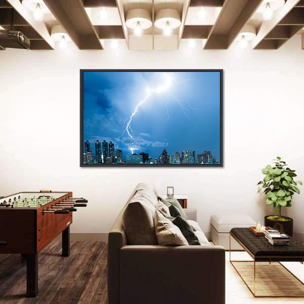 Real Lightning Bolt Strike In A City Canvas Wall Art-3 Horizontal-Gallery Wrap-25" x 16"-Tiaracle