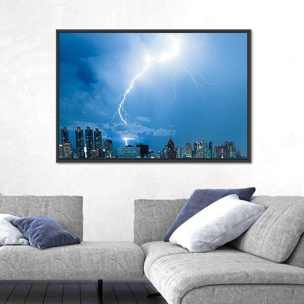 Real Lightning Bolt Strike In A City Canvas Wall Art-3 Horizontal-Gallery Wrap-25" x 16"-Tiaracle