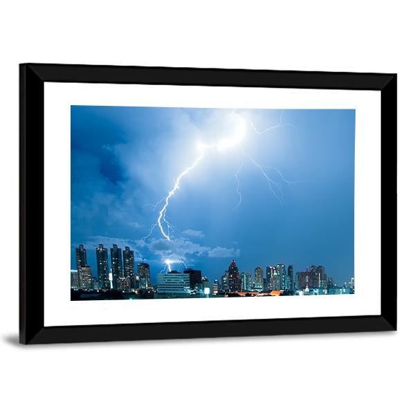 Real Lightning Bolt Strike In A City Canvas Wall Art-3 Horizontal-Gallery Wrap-25" x 16"-Tiaracle