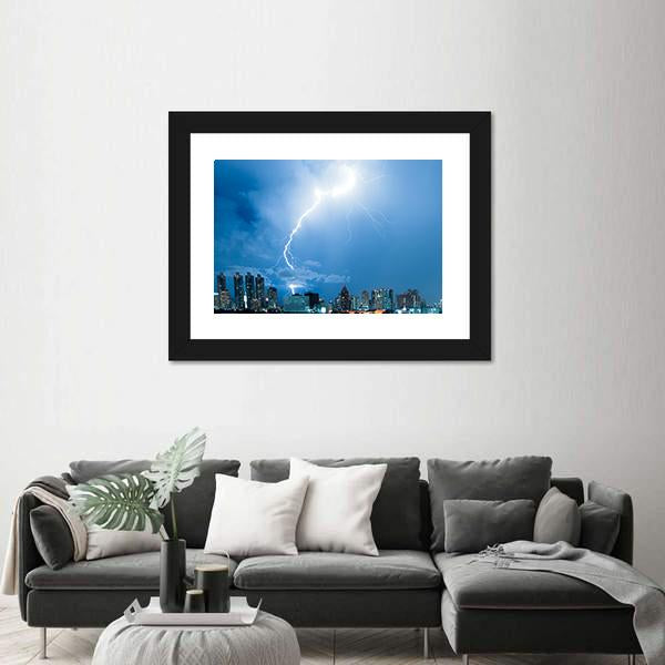 Real Lightning Bolt Strike In A City Canvas Wall Art-3 Horizontal-Gallery Wrap-25" x 16"-Tiaracle