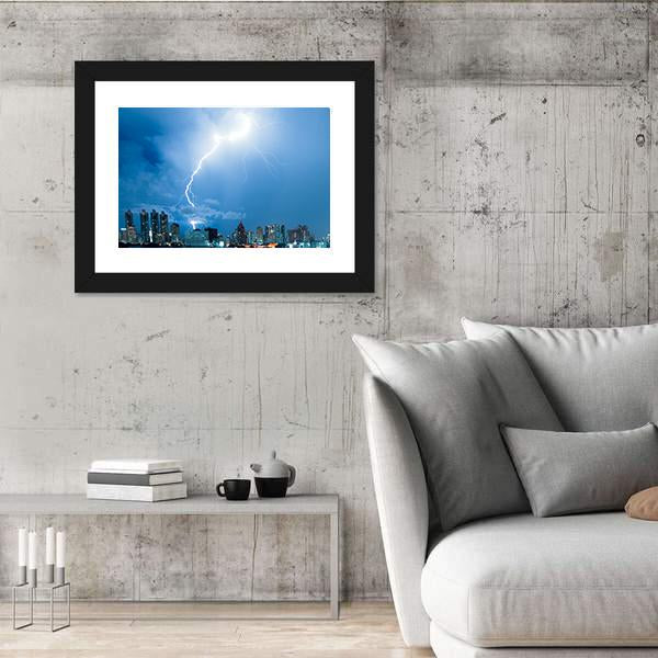 Real Lightning Bolt Strike In A City Canvas Wall Art-3 Horizontal-Gallery Wrap-25" x 16"-Tiaracle