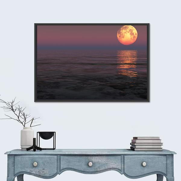 Red Moon Over The Sea Canvas Wall Art-1 Piece-Floating Frame-24" x 16"-Tiaracle