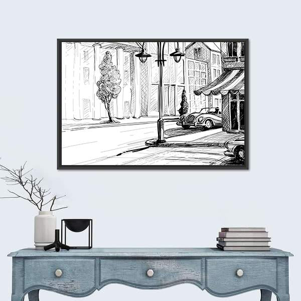 Retro City Sketch Canvas Wall Art-1 Piece-Floating Frame-24" x 16"-Tiaracle
