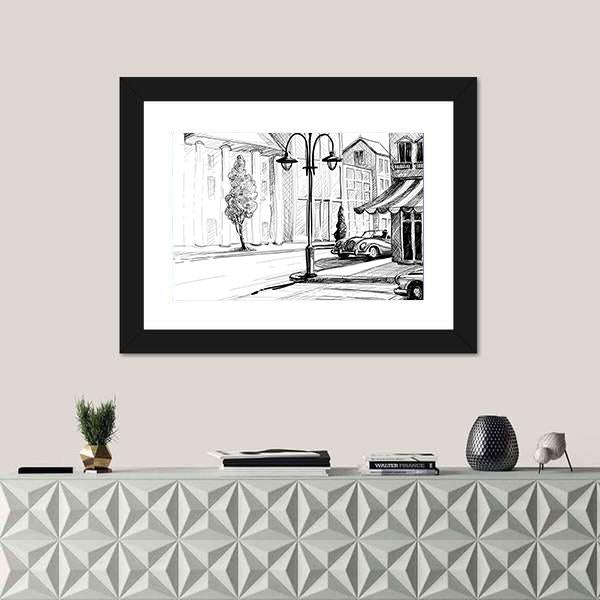 Retro City Sketch Canvas Wall Art-1 Piece-Framed Print-20" x 16"-Tiaracle