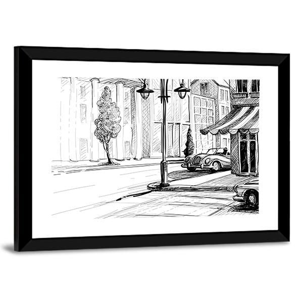 Retro City Sketch Canvas Wall Art-3 Horizontal-Gallery Wrap-25" x 16"-Tiaracle