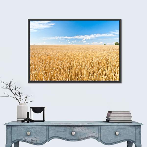 Ripe Wheat Field And Blue Sky With Clouds Canvas Wall Art-1 Piece-Floating Frame-24" x 16"-Tiaracle