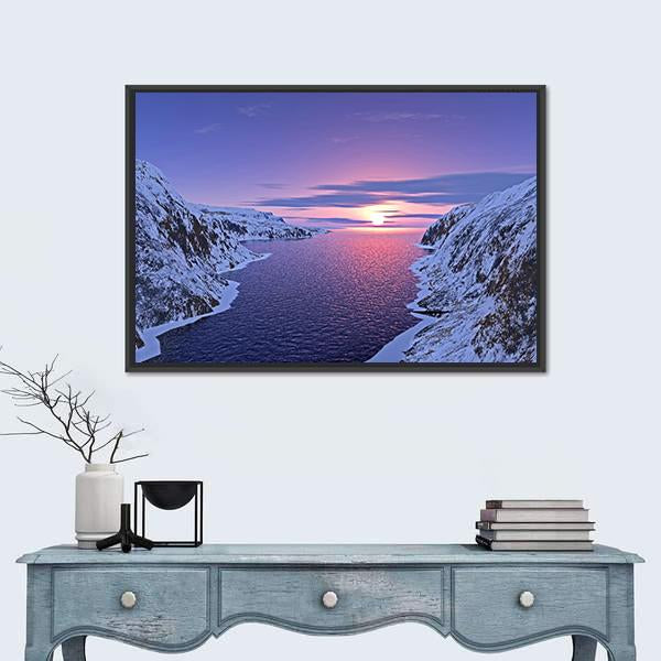 River Among Snow Bound Mountains On Sunset Canvas Wall Art-1 Piece-Floating Frame-24" x 16"-Tiaracle