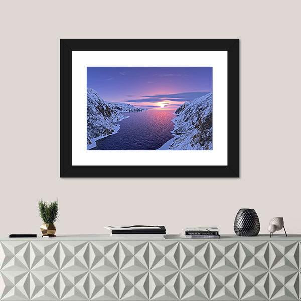 River Among Snow Bound Mountains On Sunset Canvas Wall Art-1 Piece-Framed Print-20" x 16"-Tiaracle