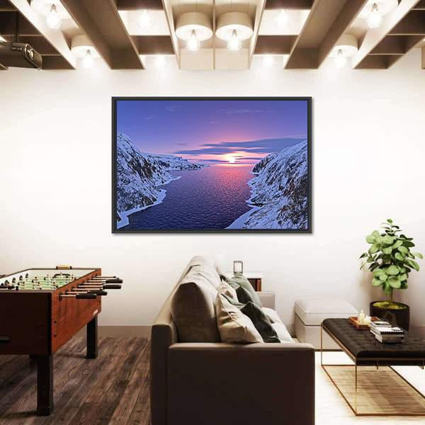 River Among Snow Bound Mountains On Sunset Canvas Wall Art-3 Horizontal-Gallery Wrap-25" x 16"-Tiaracle