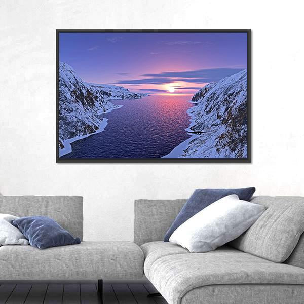 River Among Snow Bound Mountains On Sunset Canvas Wall Art-3 Horizontal-Gallery Wrap-25" x 16"-Tiaracle