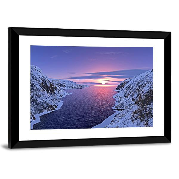 River Among Snow Bound Mountains On Sunset Canvas Wall Art-3 Horizontal-Gallery Wrap-25" x 16"-Tiaracle