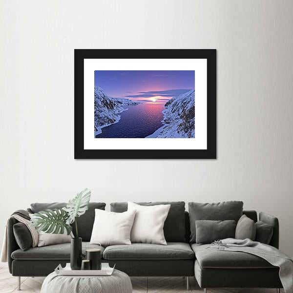 River Among Snow Bound Mountains On Sunset Canvas Wall Art-3 Horizontal-Gallery Wrap-25" x 16"-Tiaracle