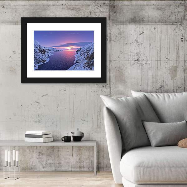 River Among Snow Bound Mountains On Sunset Canvas Wall Art-3 Horizontal-Gallery Wrap-25" x 16"-Tiaracle